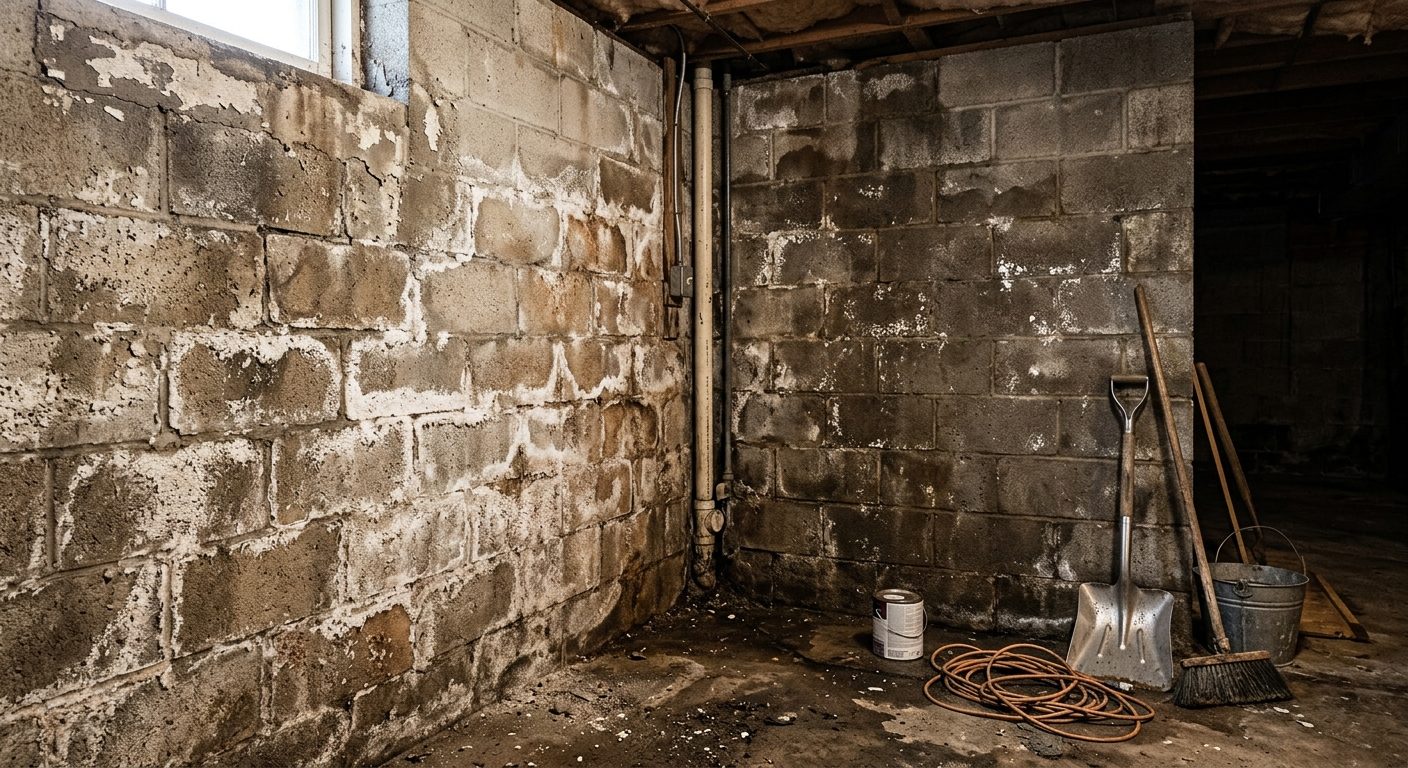 Fugtskader på betondal i kælder med hvide salt- og fugtaflejringer synligt på væggen