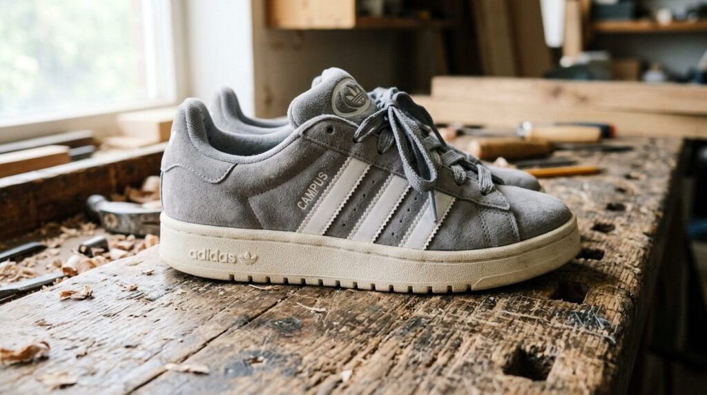 Close-up detail shot of grey suede Adidas Campus 00s sneaker