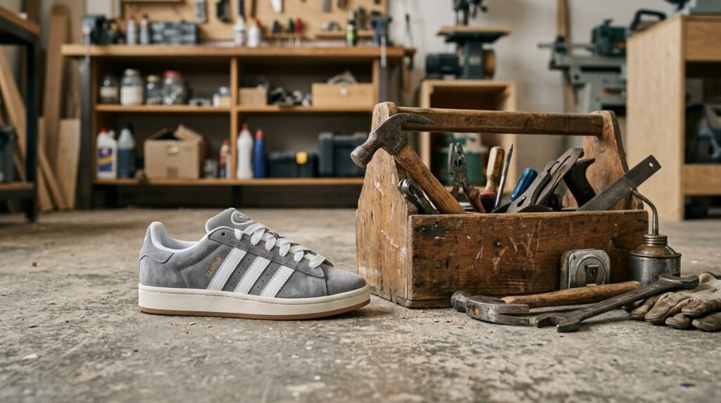 Lifestyle photograph of Adidas Campus 00s grey sneaker posit
