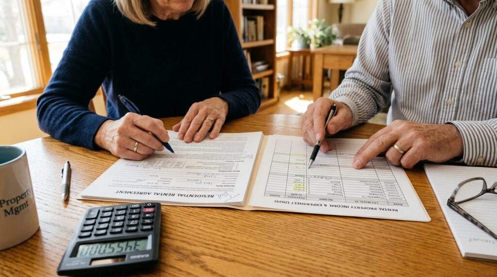 Close-up professional photo of homeowner hands reviewing ren
