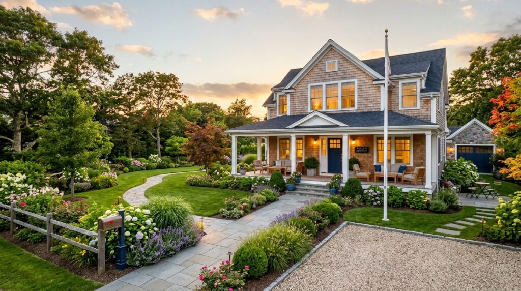 Wide shot of renovated summer house exterior with well-maint