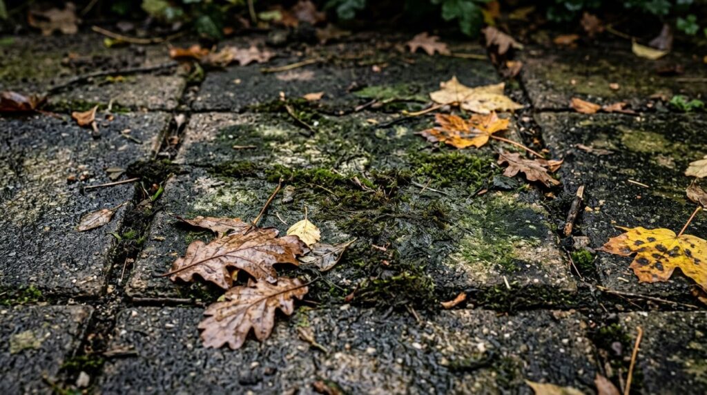 Close-up detailed shot of dirty outdoor tiles with visible m