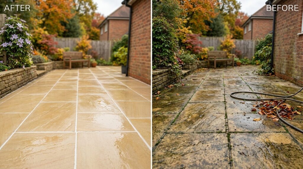 Before and after split-screen composition showing spotless g