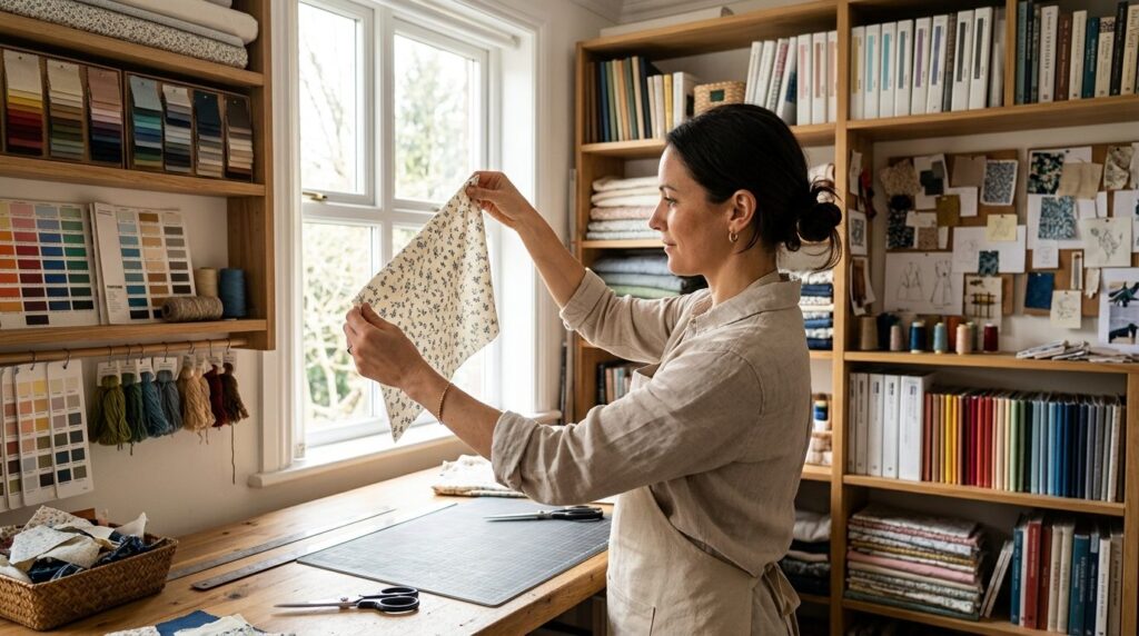 Home workshop scene of craftsperson holding fabric sample up