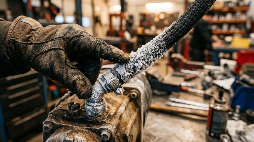 Close-up realistic photo of a frozen diesel heater fuel line