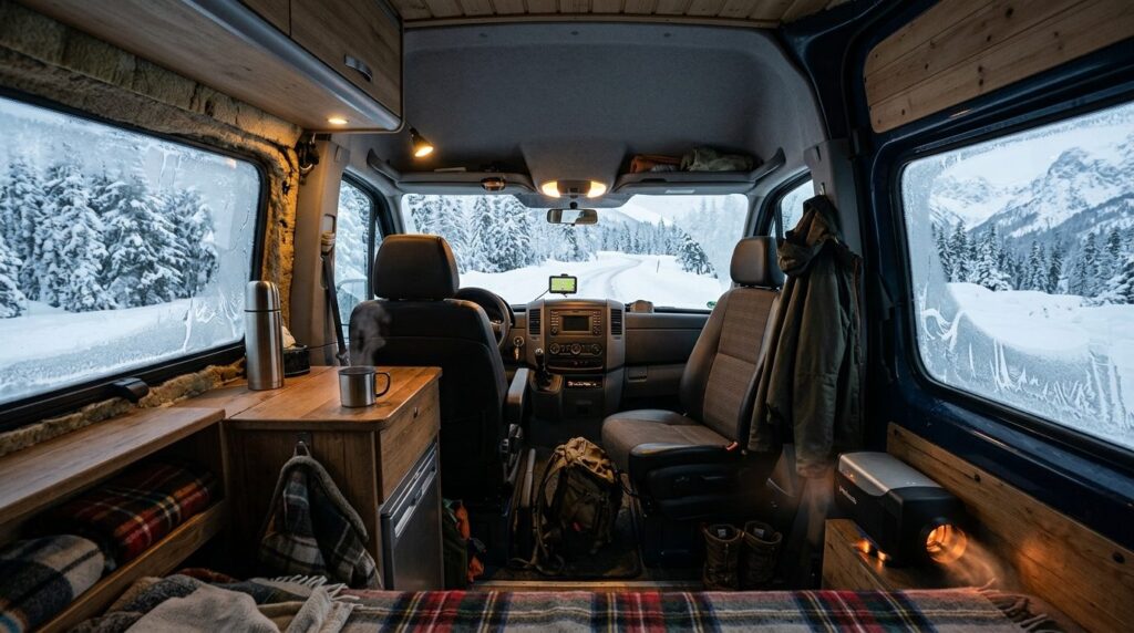 Wide shot of a camper van or work vehicle interior during wi