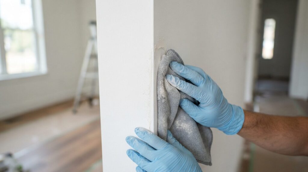 Close-up of a professional cleaners hands wearing protectiv