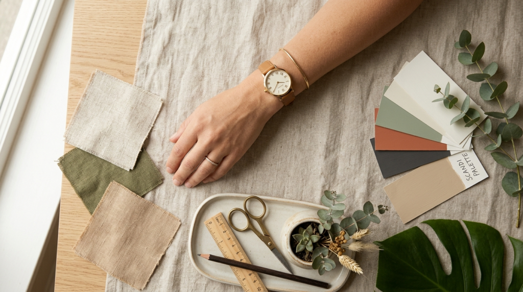 Overhead flat lay composition of a womans wrist with an ele
