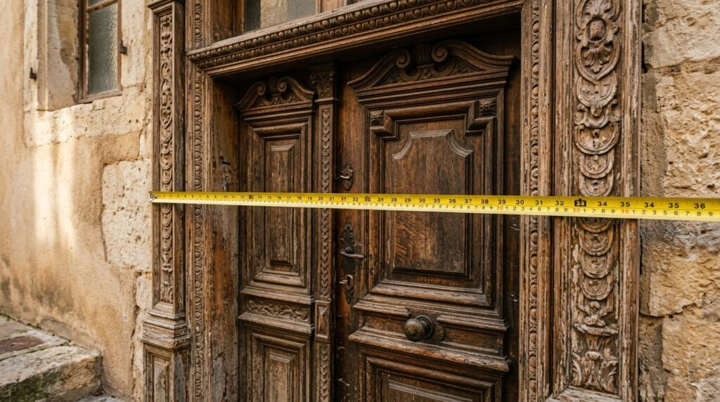 Close-up detailed view of a vintage facade door with ornate
