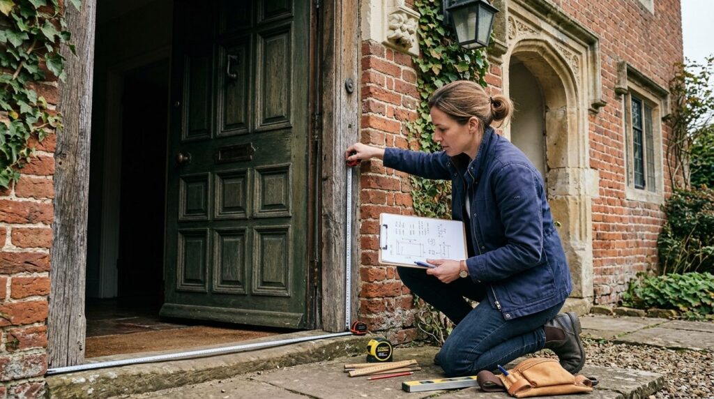 DIY homeowner carefully documenting measurements of an antiq