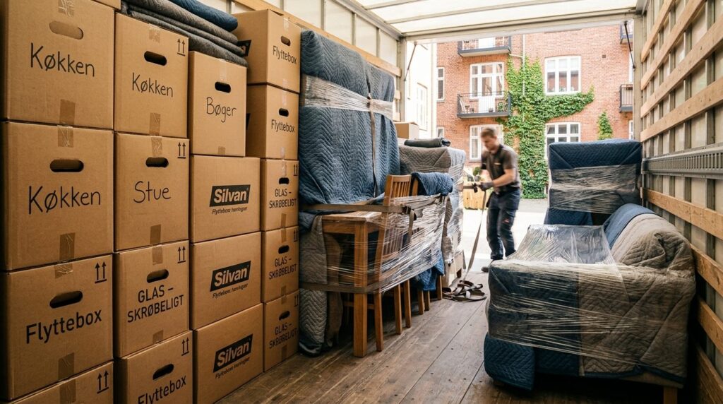 Interior of well-organized moving truck or storage space in 