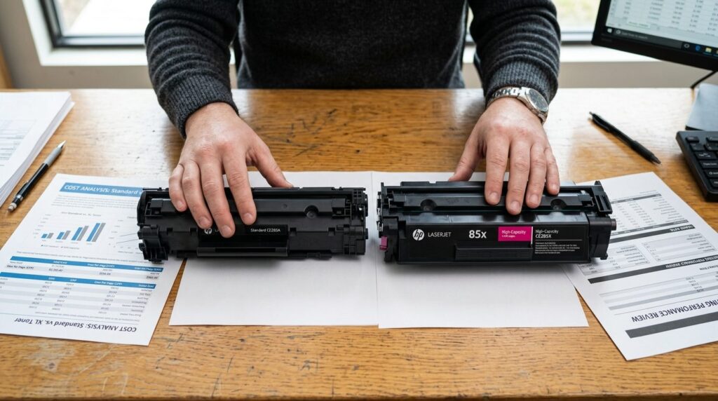 Close-up overhead view of hands comparing two printer toner