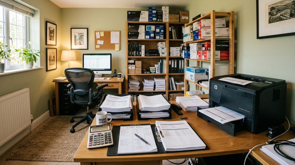 Wide angle shot of a small home office workshop space with a