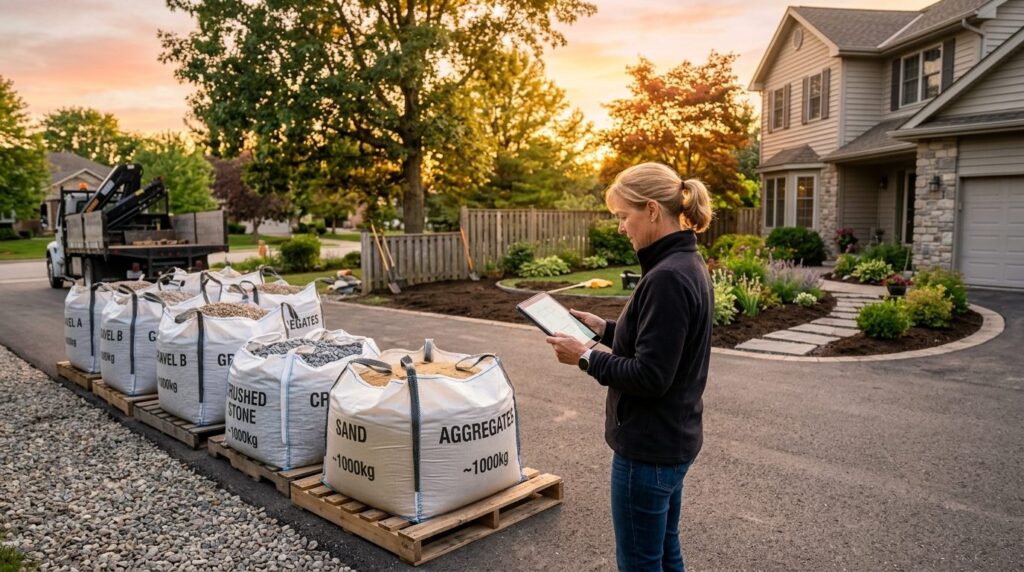 Wide angle shot of a residential driveway during material de