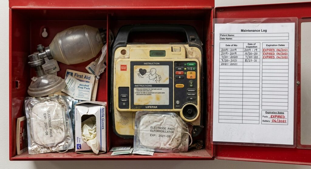 Close-up overhead view of an AED emergency kit interior show