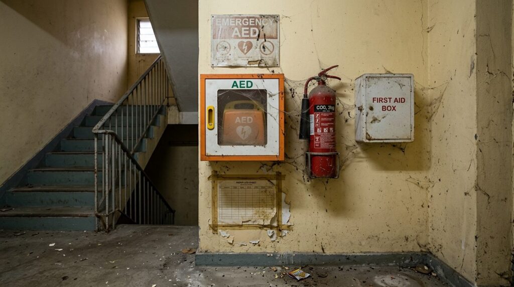Wide-angle photograph of a residential buildings emergency