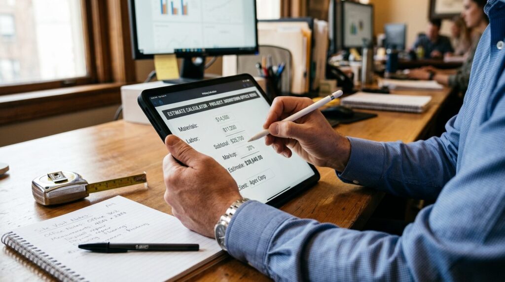 Close-up of professional estimators hands holding digital t