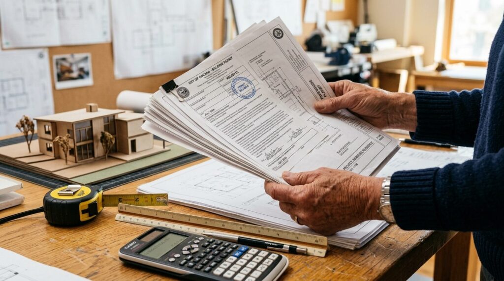 Close-up detail shot of architect or experienced builders h