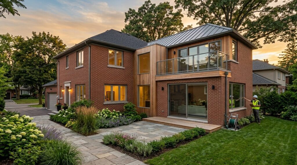 Wide angle view of a residential house with newly completed