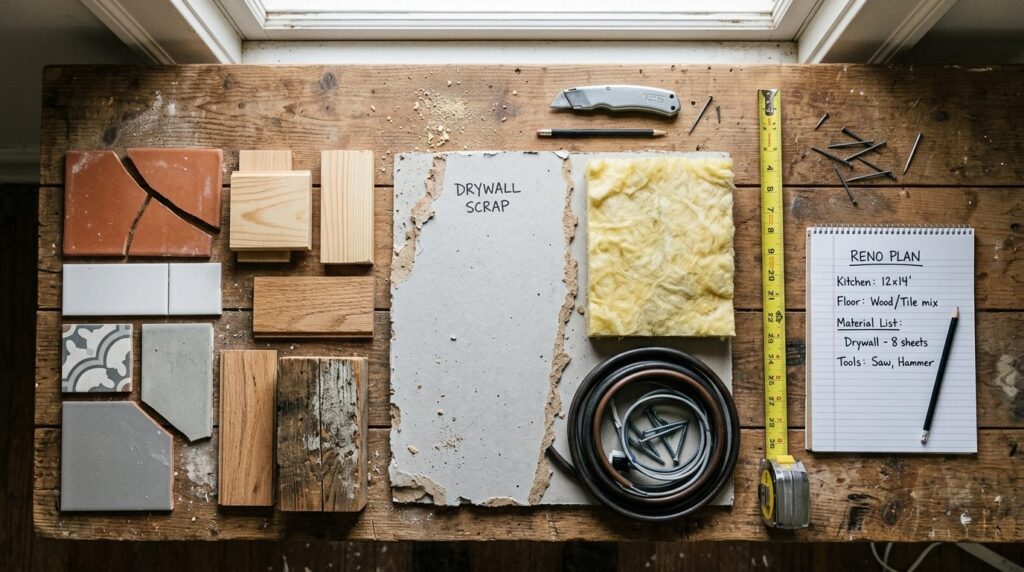 Overhead flat lay composition of renovation materials and wa