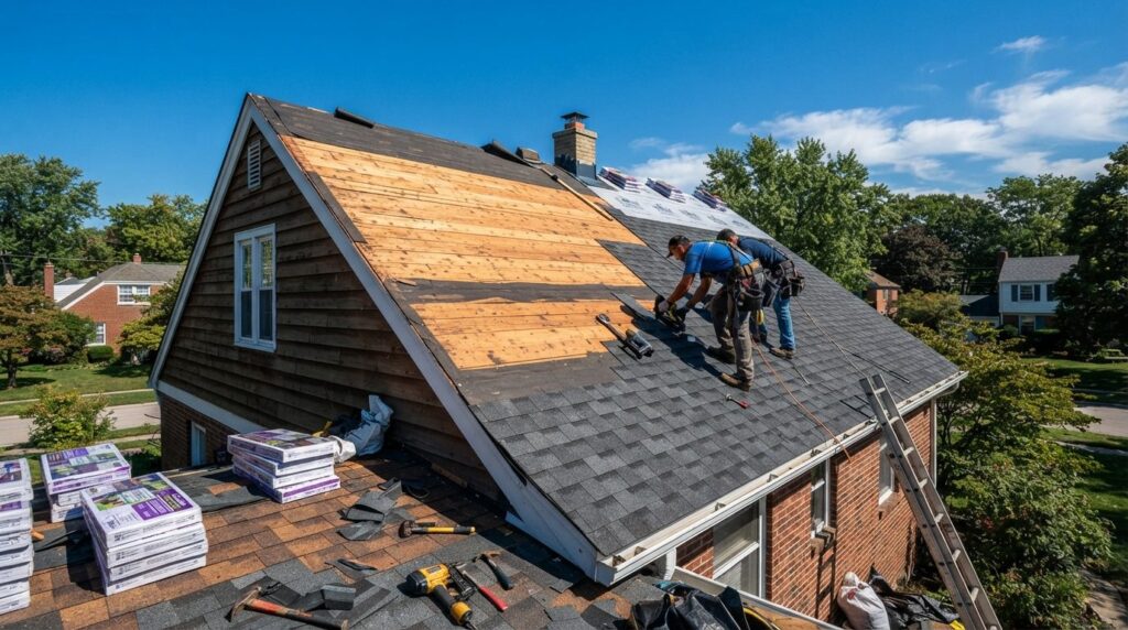 Residential home undergoing roof renovation with worker inst