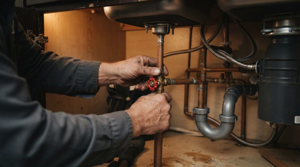 Hands of skilled tradesman adjusting water valve under kitch