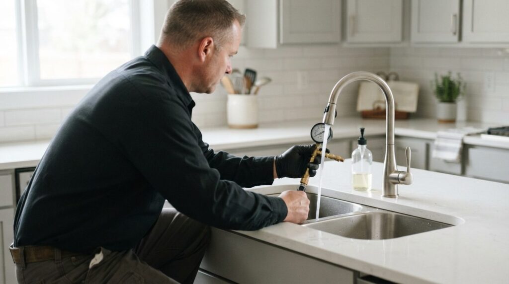 Licensed plumber using diagnostic tools to test water pressu