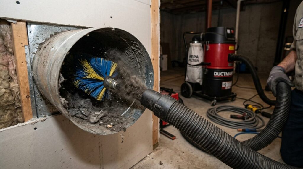 Close-up of ventilation duct cleaning equipment removing acc