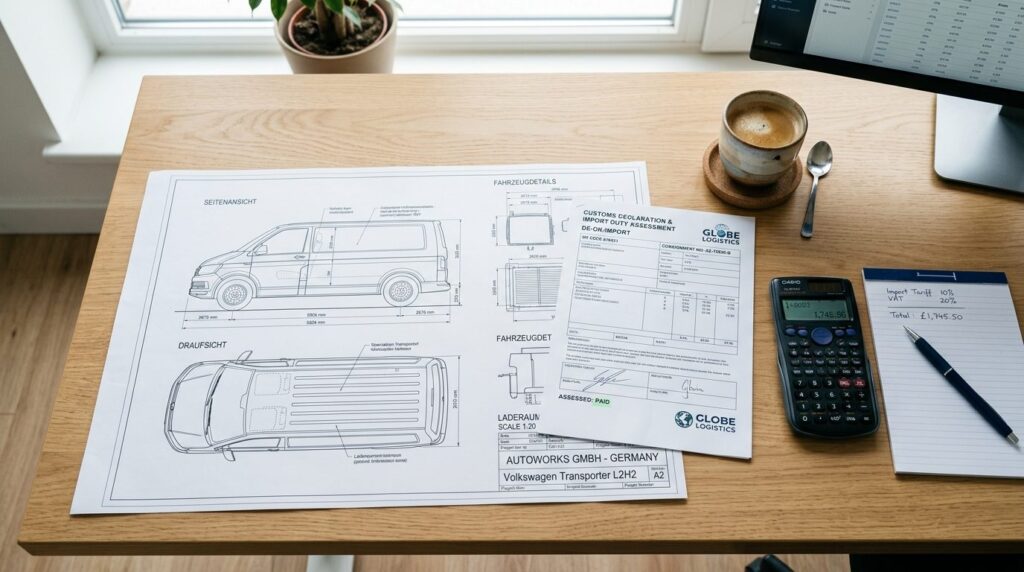 Arbejdsområde ovenfra med vurderingsmaterialer og formularer.