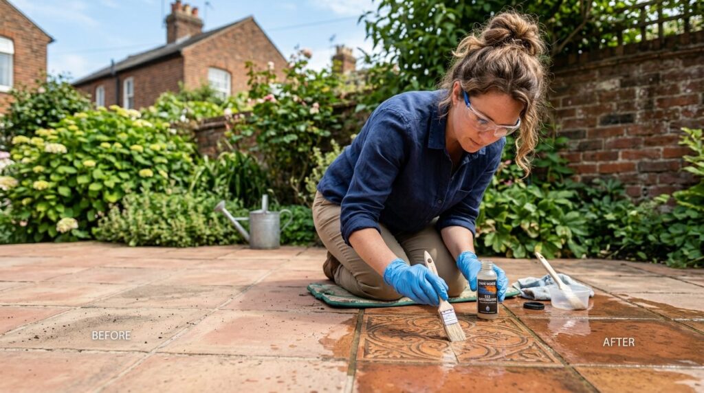 DIY homeowner carefully applying tile impregnator with small