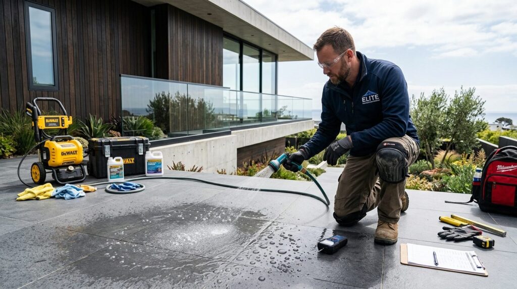 Professional contractor inspecting and testing water resista