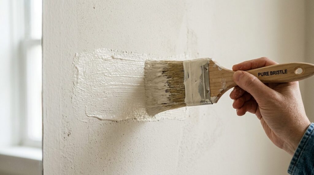 Close-up detail shot of a paintbrush applying chalky lime-ba