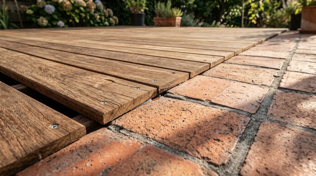 Close-up detail shot of wooden deck boards laid over existin