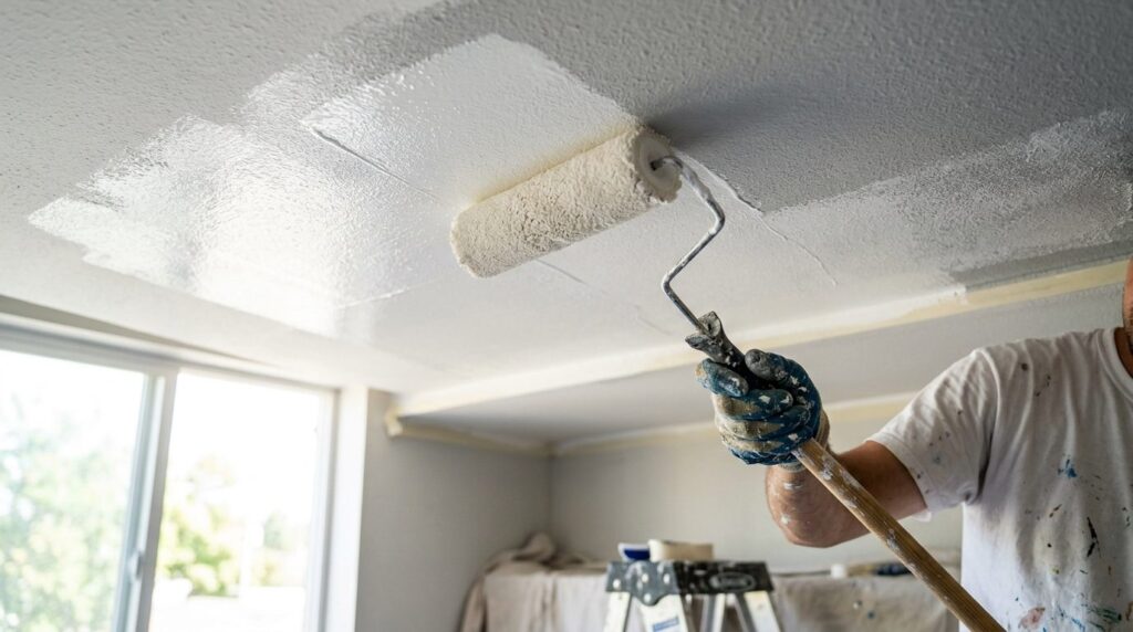 Close-up of fresh white paint being applied to interior ceil