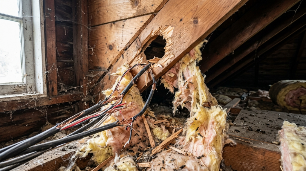 Close-up realistic image of marten damage signs in attic inc