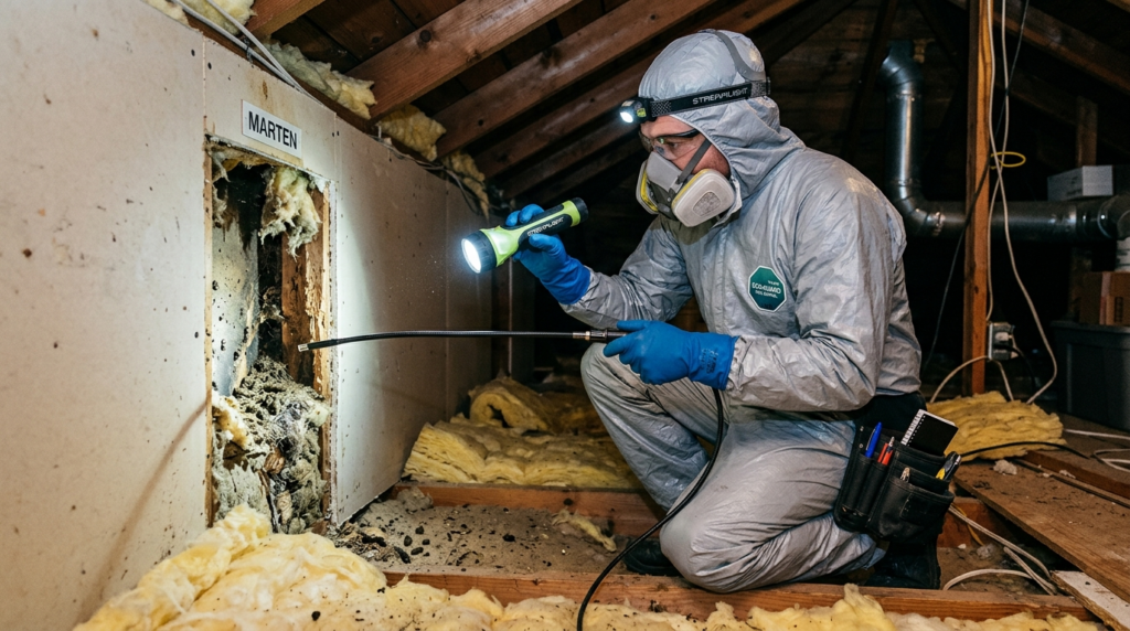 Professional pest control specialist in protective gear insp
