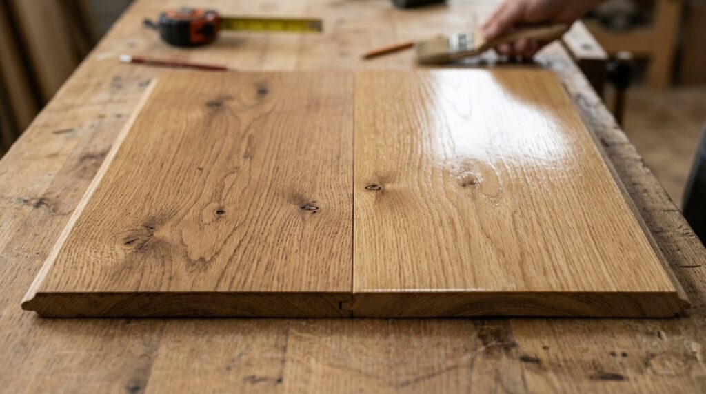 Close-up professional product comparison image of wooden flo