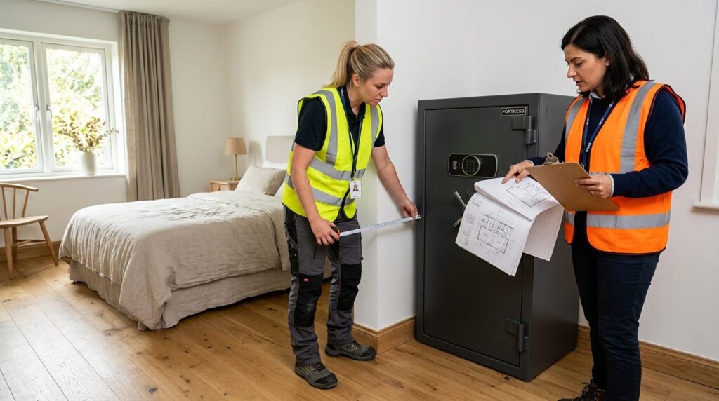 Two certified professionals in safety vests assessing a heav