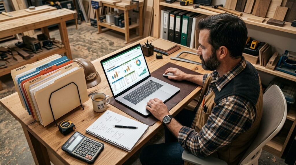 Overblik over en bygningsarbejder eller tømrer set oppefra ved arbejdsbord.
