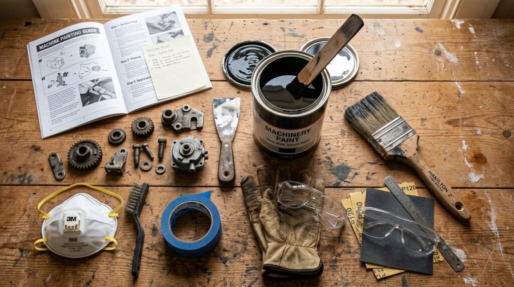 Overhead flat lay composition of solvent-based machine paint