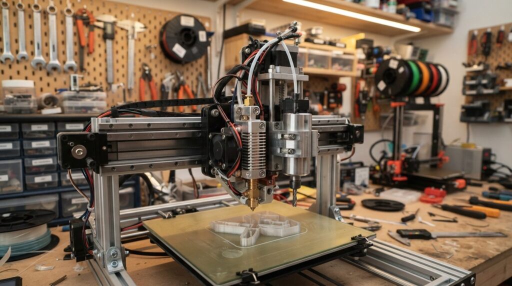 Close-up detailed view of a hybrid 3D printing and CNC machi