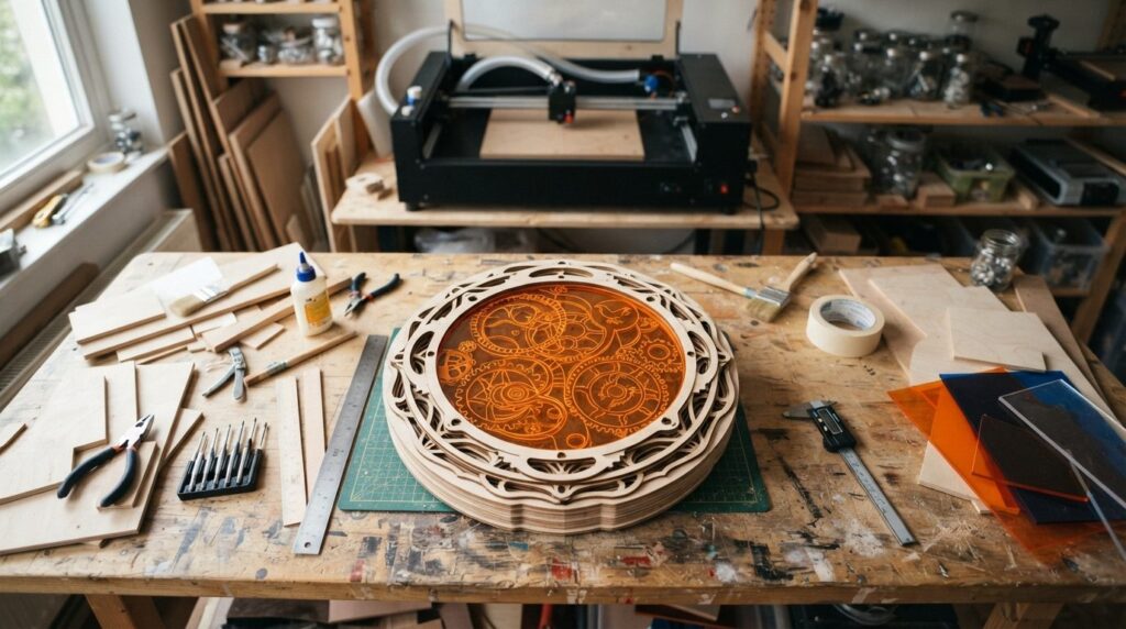 Overhead shot of a finished wooden and acrylic craft project