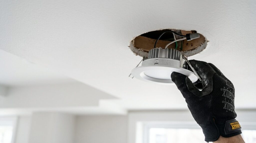 Tætsluttet detalje af en flad LED-indbygningslampe i loft.