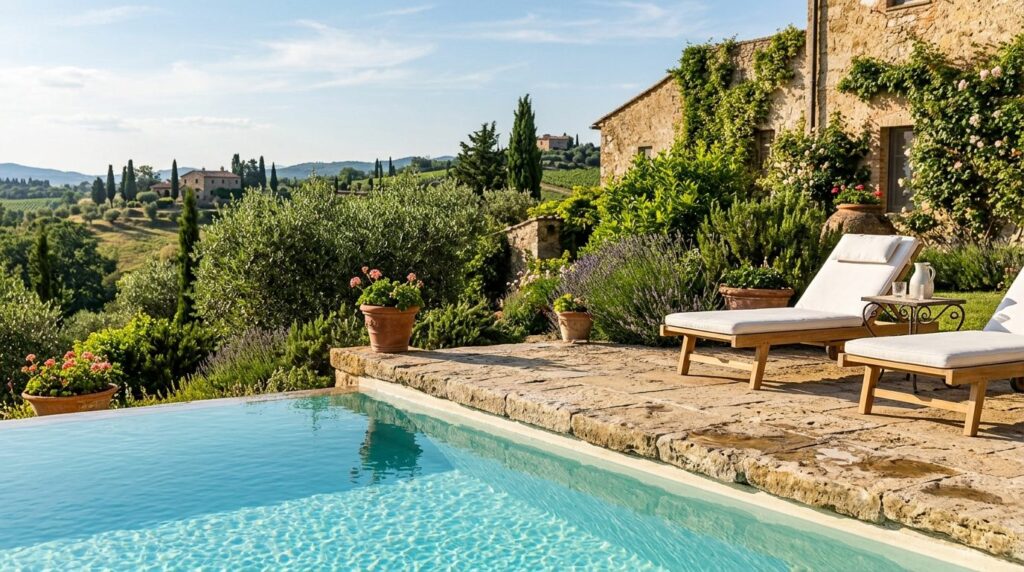 Close-up of elegant pool details in Tuscany: crystal clear t