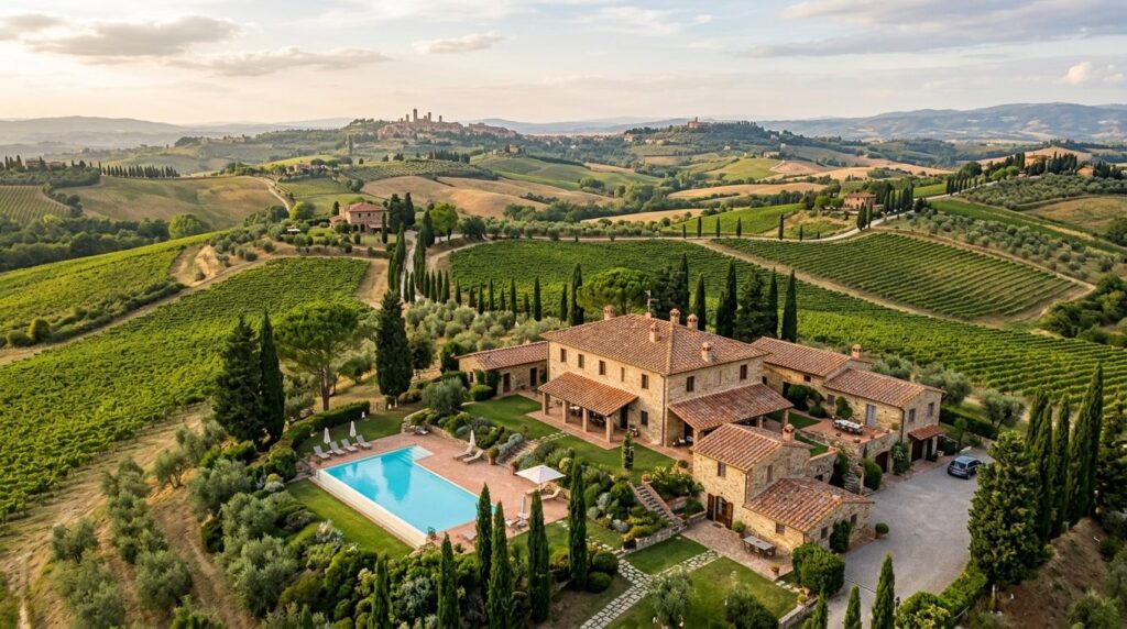 Aerial view of Tuscan vacation villa with private swimming p