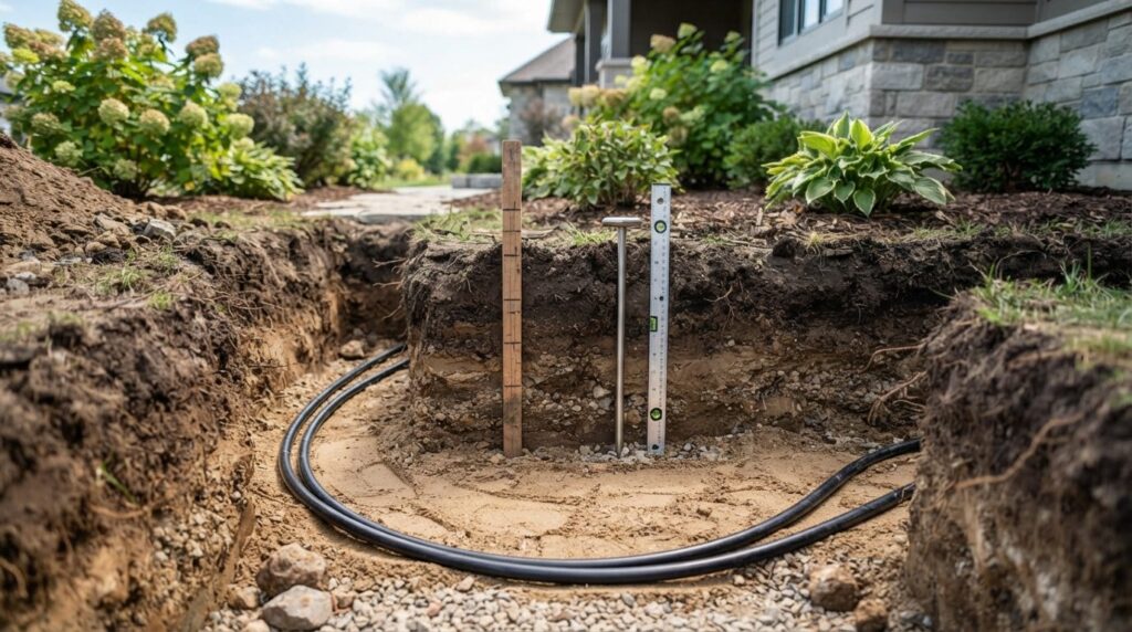 Close-up detail shot of ground preparation for geothermal he