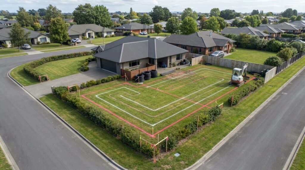 Wide aerial view of residential property with marked excavat