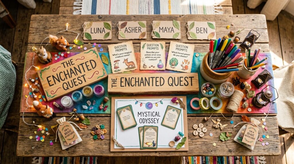 Close-up overhead shot of a DIY decorated table setup for a 