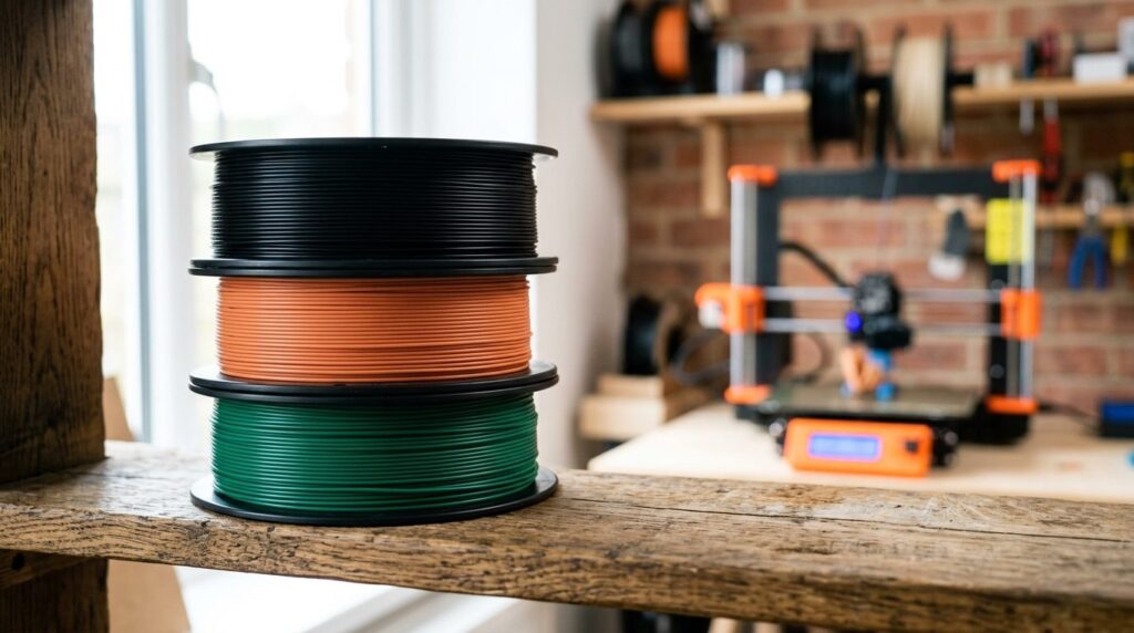 Tætsluttet detalje af en spole med 3D-printerfilament i premiumkvalitet.