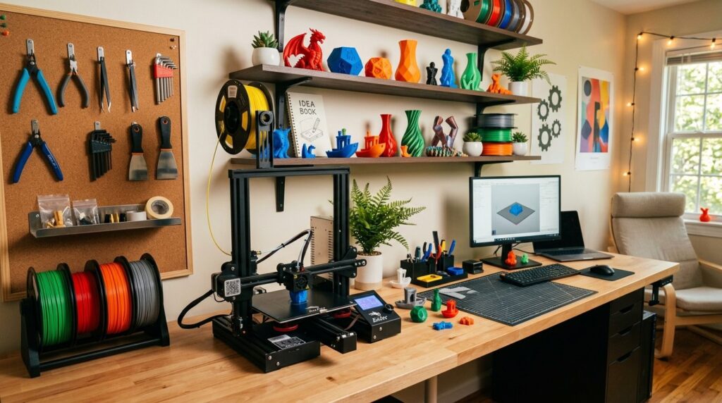 Bredt billede af et nybegyndervenligt hjemmeværksted til 3D-printing.